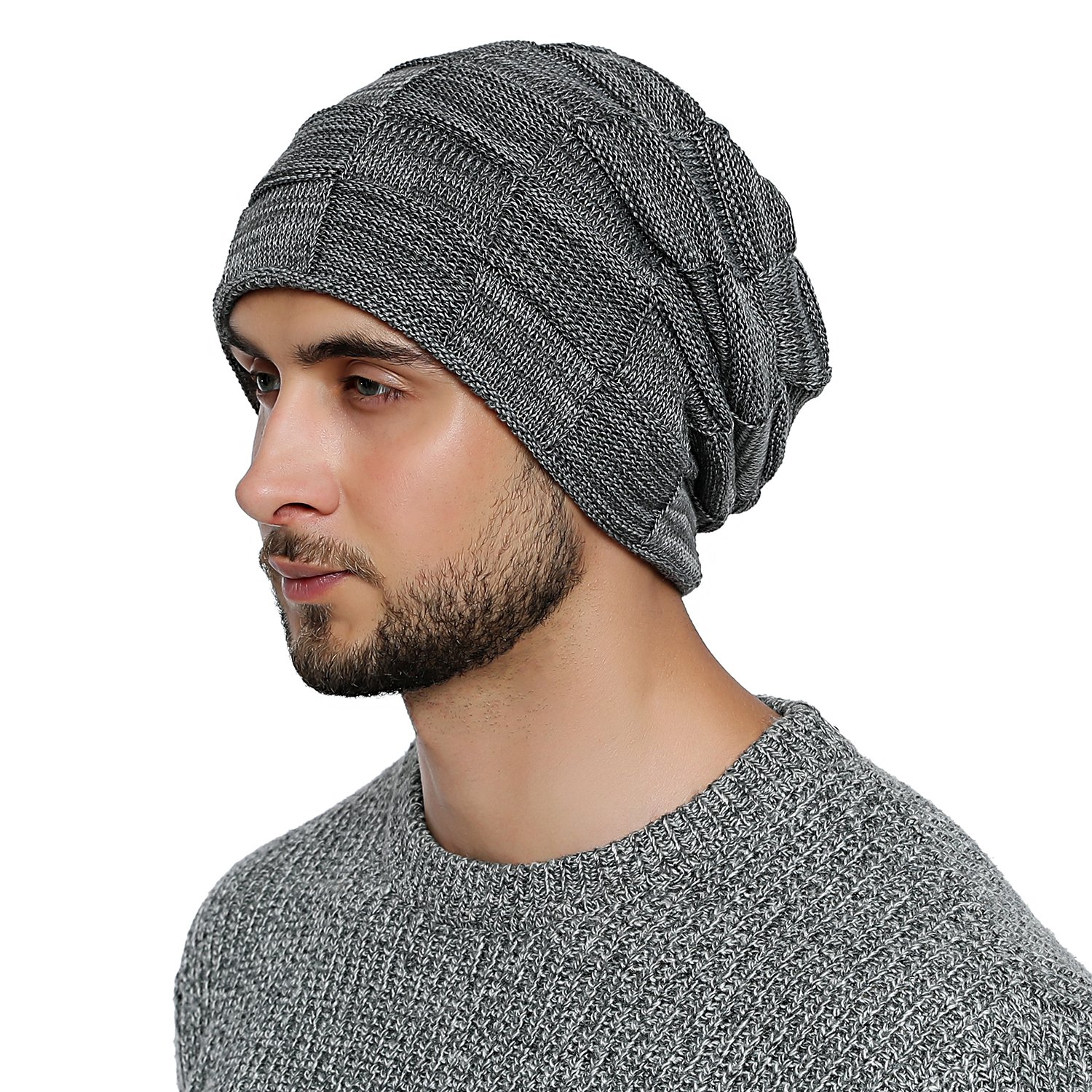 DonDon Beanie hat men Winter hat Knit knitted Long Slouch with fleece lining - Grey White