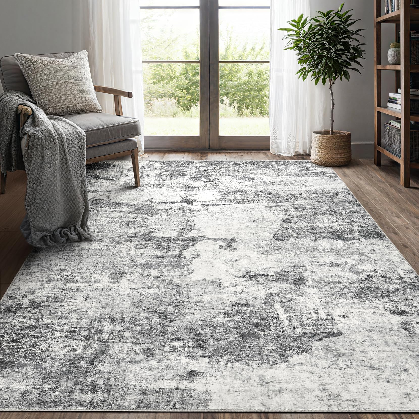 Photo 1 of DMOYEST Living Room Area Rugs - 5x7 Abstract Large Soft Indoor Washable Rug Neutral Modern Low Pile Carpet for Bedroom Dining Room Farmhouse Home Office - Grey