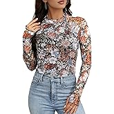 Buauty Lace Mesh Long Sleeve Tops Mock Neck Floral Going Out Tops for Women Trendy Double Lined Outfits Date Night Outfits