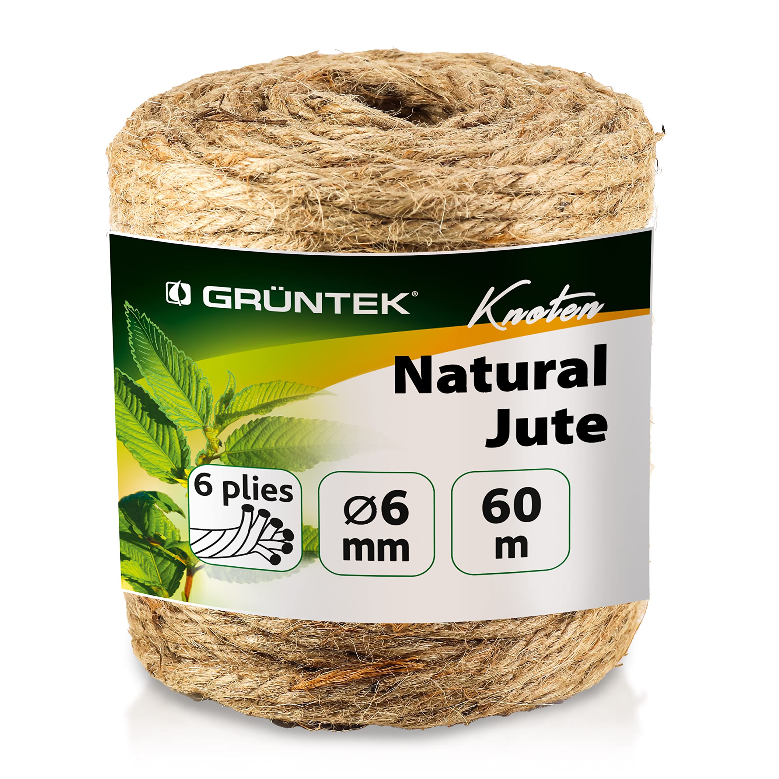 GRÜNTEK 60m Jute Twine - 6 Ply, 6mm Thick | Natural Jute Strings for Crafts, Decoration, Gardening | Eco-Friendly DIY Essential