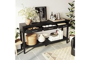 62.2 Inch Entryway Console Table with 3 Drawers and Open Shelf, Long Sofa Table with Iron Handles and Adjustable Feet, Wide H