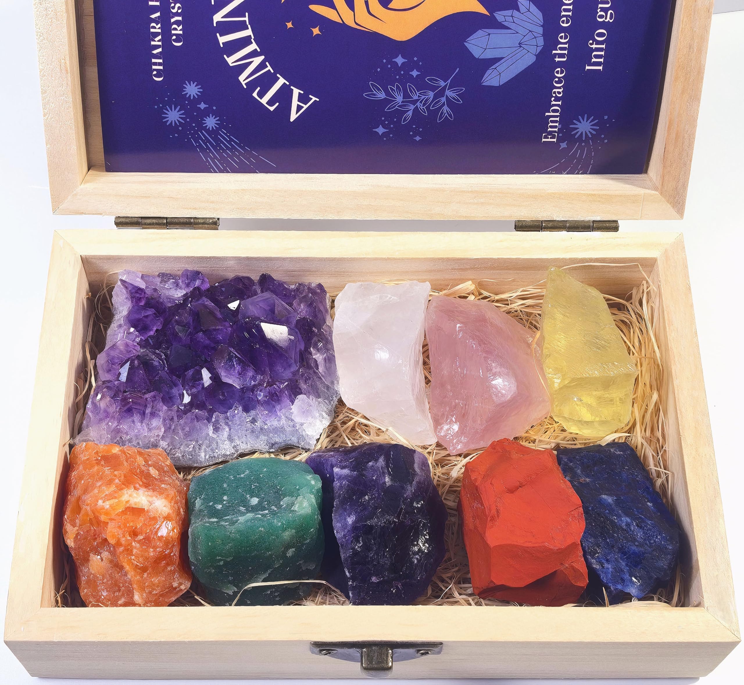 Atminafays Crystals and Healing Stones in Wooden Gift Box+ Velvet Pouch ...
