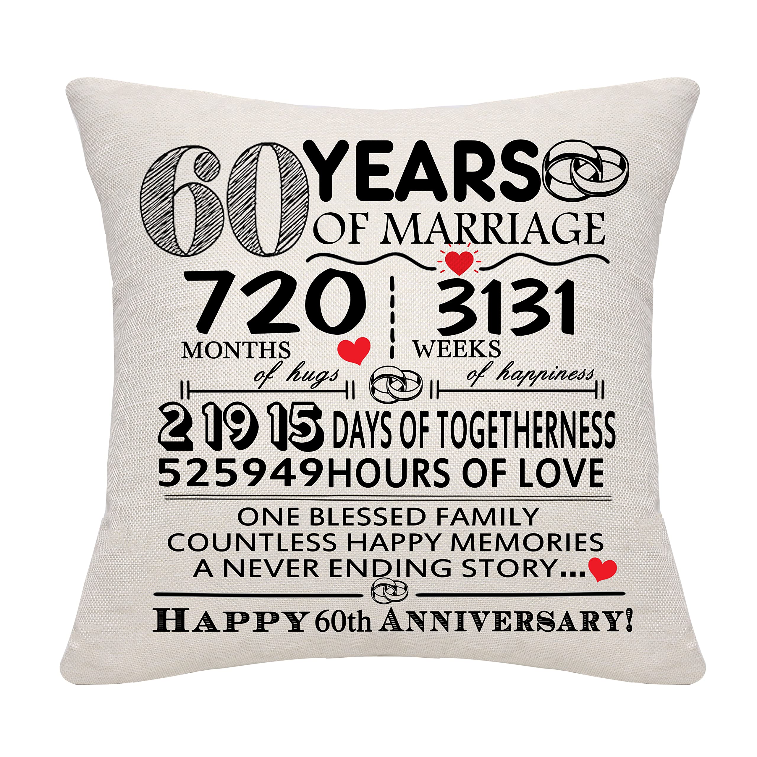 Bommex 60 Years of Marriage Gift 60th Wedding Anniversary Cushion Cover Keepsake Decoration Gift for Couples Parents Women Men Mum Dad Husband Wife Grandma Grandad Aunt Uncle Friends (60 YEARS) โ image 1