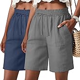 LessonZoo 2 Pack Women's Linen Bermuda Shorts Casual Wide Leg Ruffle High Waisted Drawstring Summer Shorts with Pockets