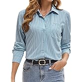 Wrinkle Free Striped Button Down Shirts Women Collared Long Sleeve Blouses Business Work Tops with Pocket