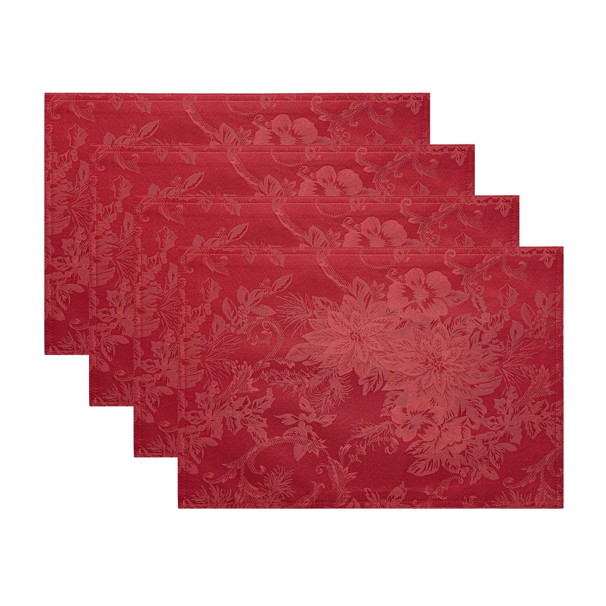 Elrene Home Fashions Poinsettia Elegance Jacquard Christmas/Holiday Rectangle Dining Placemat, Set of 4, 13"x19", Red — image 1