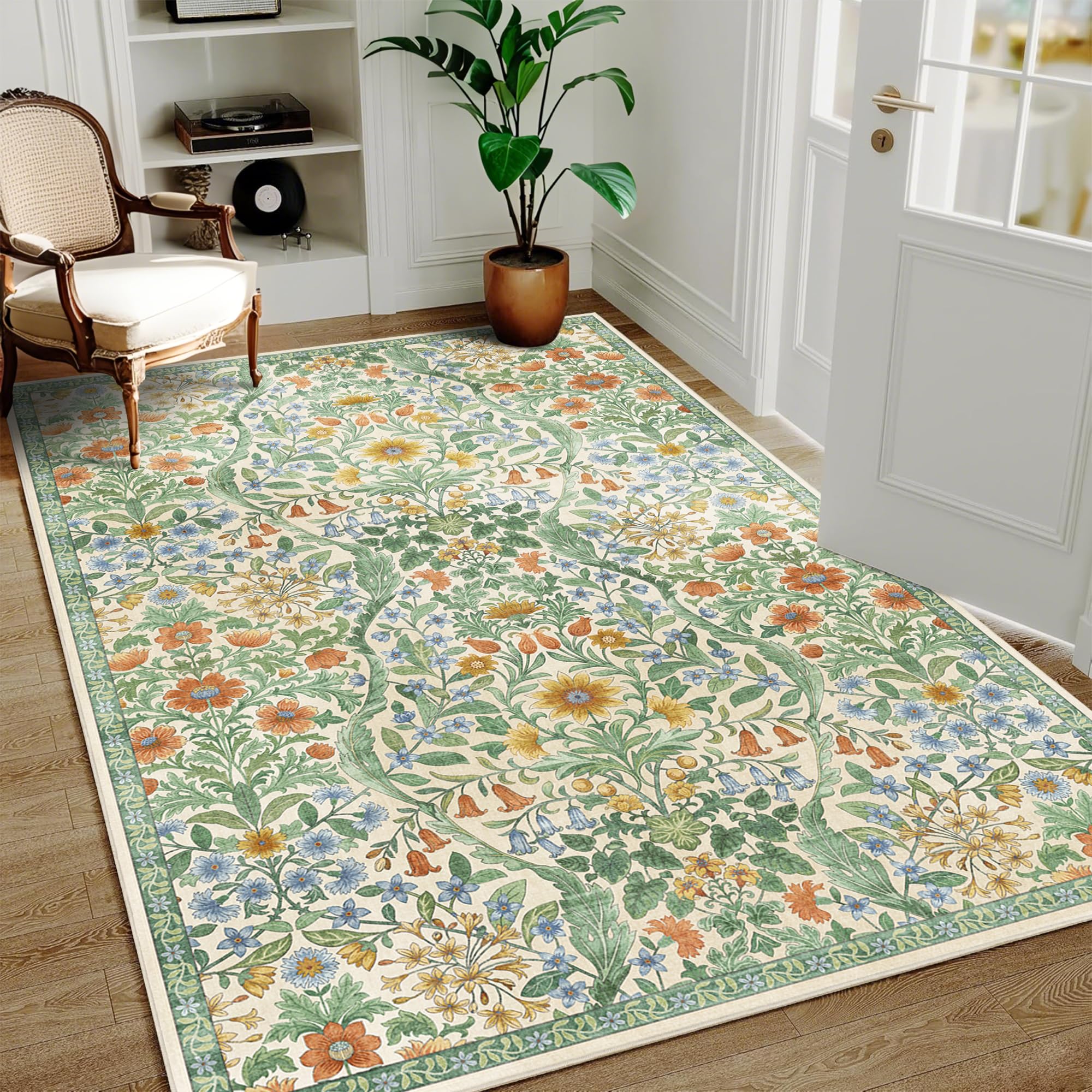 Photo 1 of 4x6 Green Floral Boho Area Rug,Low-Pile Stain Resistant Non-Slip Machine Washable Carpet for Living Room,Bedroom, Kitchen,Entryway,Dining Room, Nursery