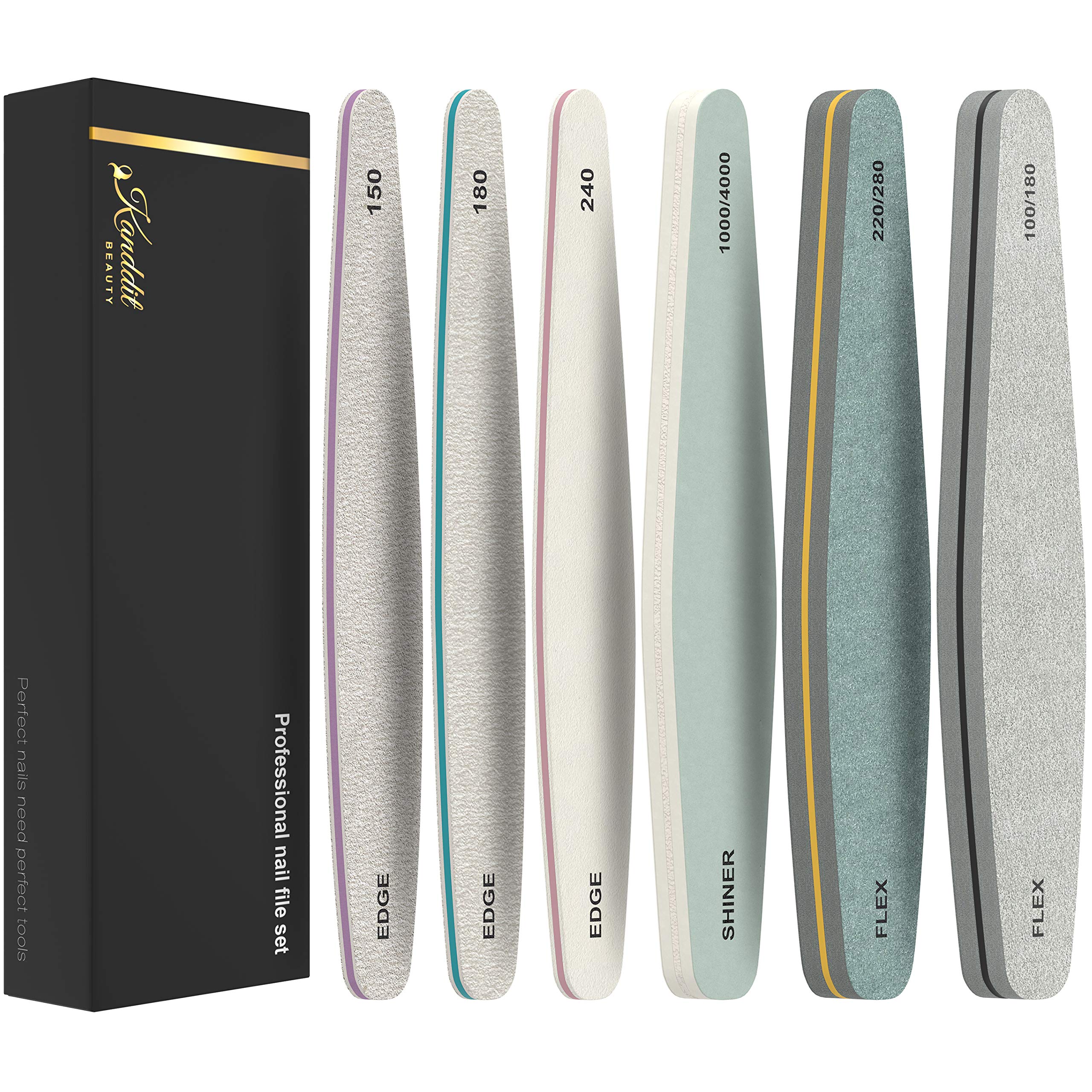 Kanddit Beauty™ 6 Pcs Professional Nail File Set | Salon Quality Nail Sanding Files | Washable Double Sided Grit 150/180/200/240/280/1000/4000 | Gel Or Natural Nails