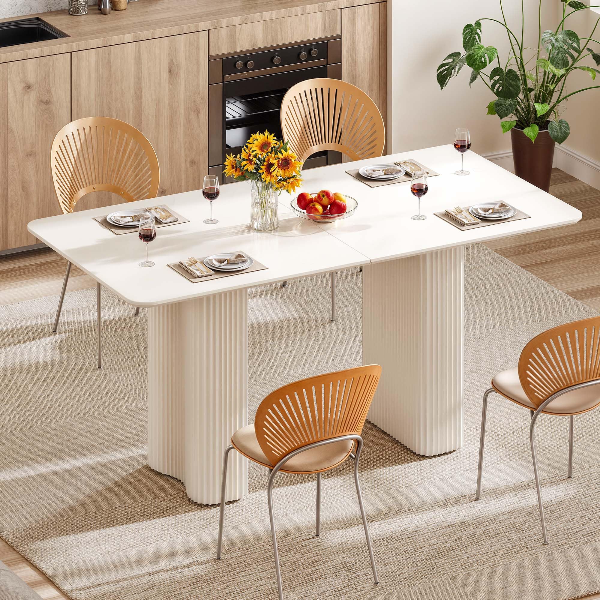 Photo 1 of **ONLY THE TABLE/MISSING HARDWARE**DWVO 63'' Dining Table for 4-6 People Modern Rectangular Kitchen Table with Solid Wave Curved Legs Large Cream White for Dining Room Kitchen Home Office Apartment Office White