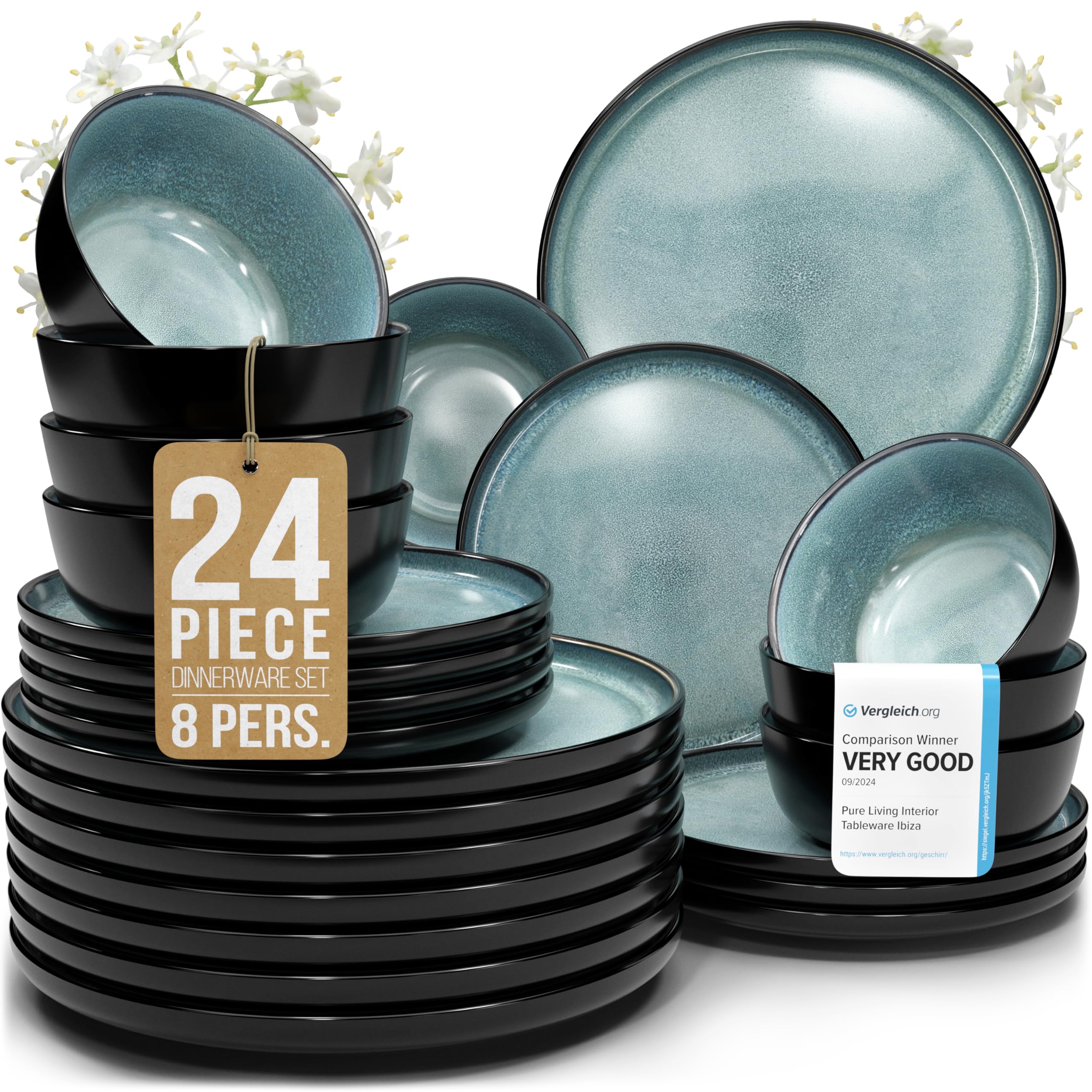 24 Piece Dinnerware Sets for 8 - Modern Style Stoneware Dinnerware Set - Scratch Resistant, Dishwasher Safe Plates and Bowls Sets Ceramic, Dish Set, Bowl and Plate Set - Black and Petrol Blue… Image