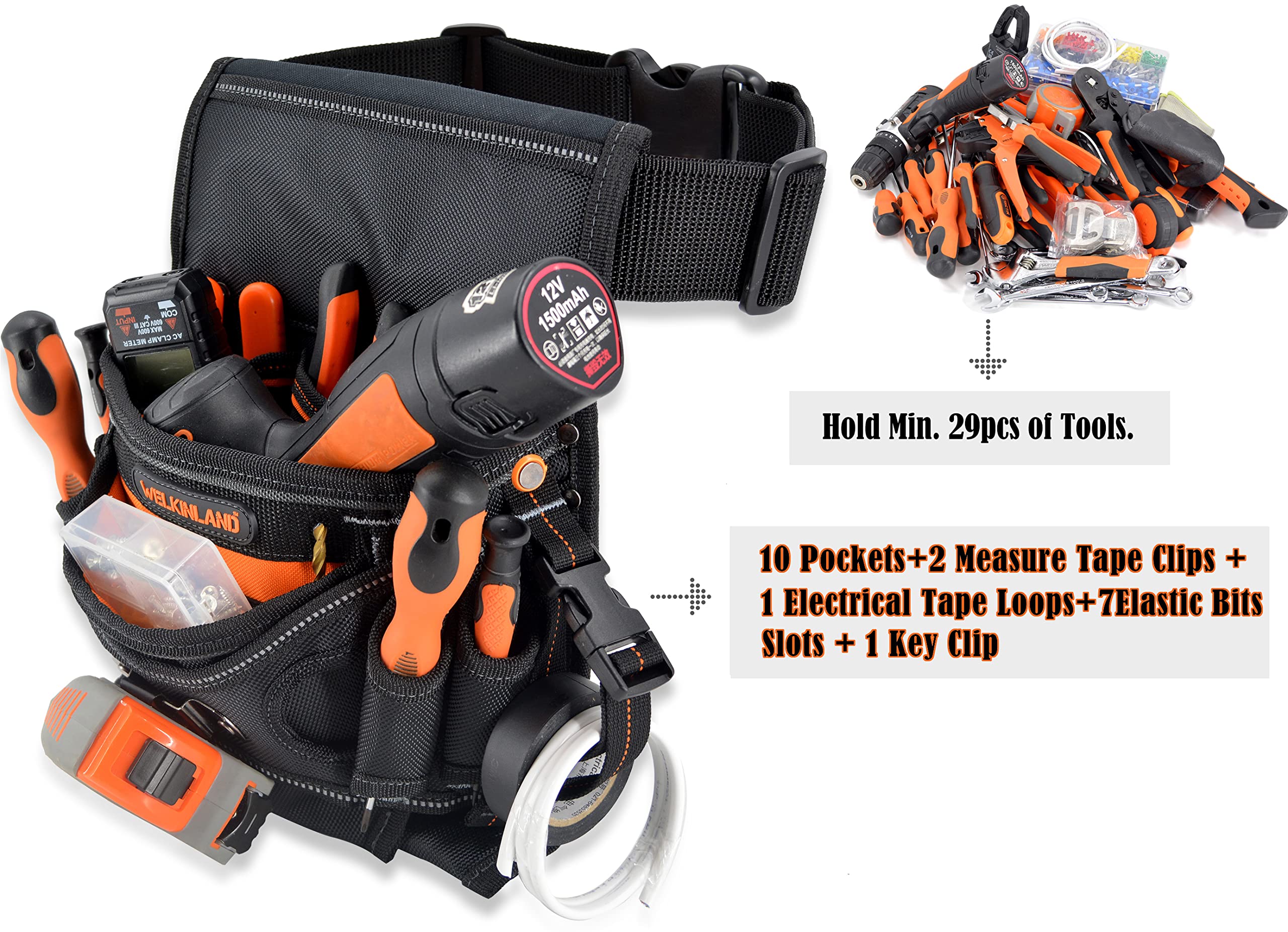 WELKINLAND 10-Pockets Electrician Tool Pouch with Belt Clip, Electricians Tool Pouches Bag, Tool Pouches, Electricians Tool Belt,Electrician Tool Belt