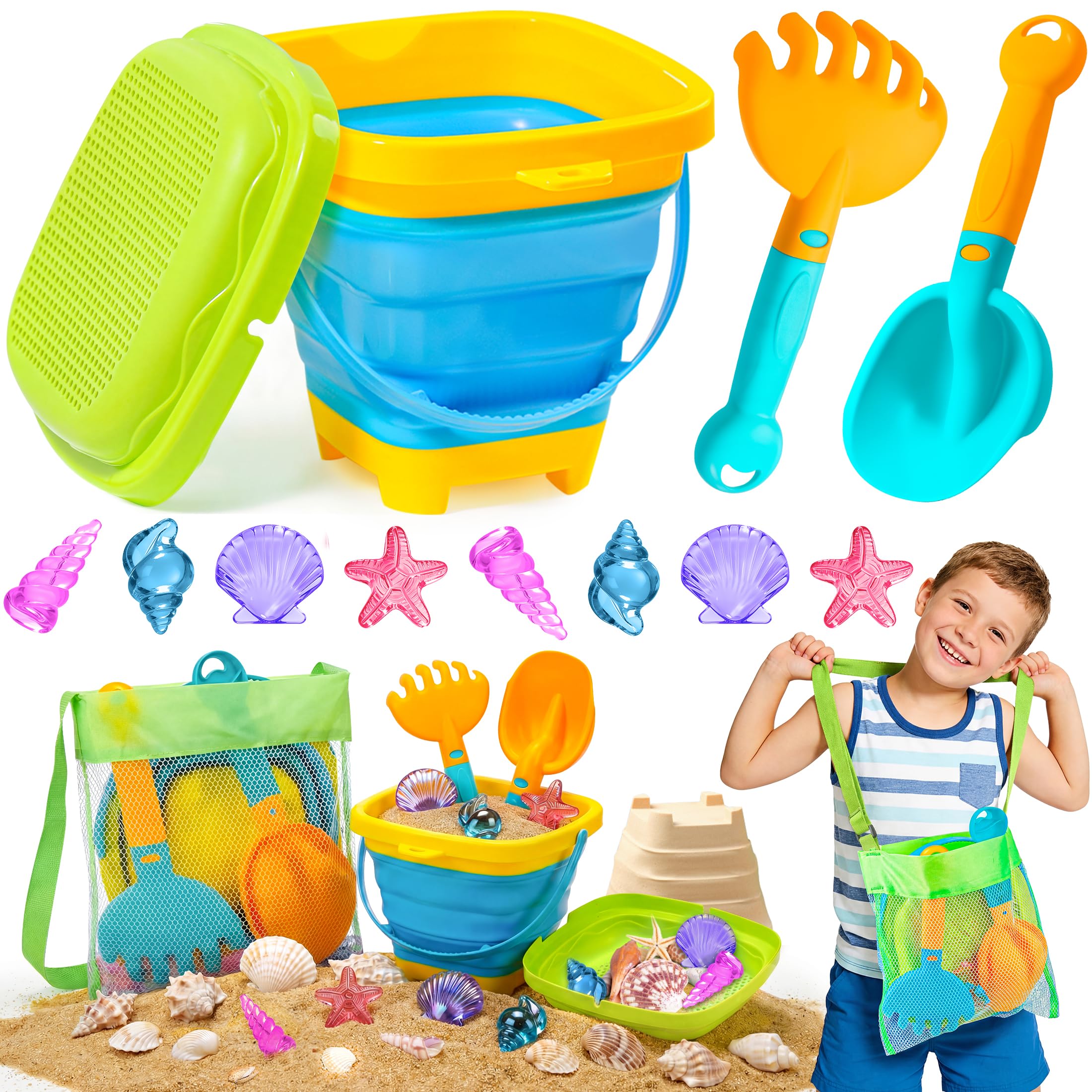 DUDUCOFU Collapsible Beach Sand Toys for Kids Toddlers, Collapsible Sand Buckets Sifter and Shovels Rake Diving Gem Pool Toy Set with Mesh Bag, Travel Beach Vacation Essentials Toys for Boys Girls