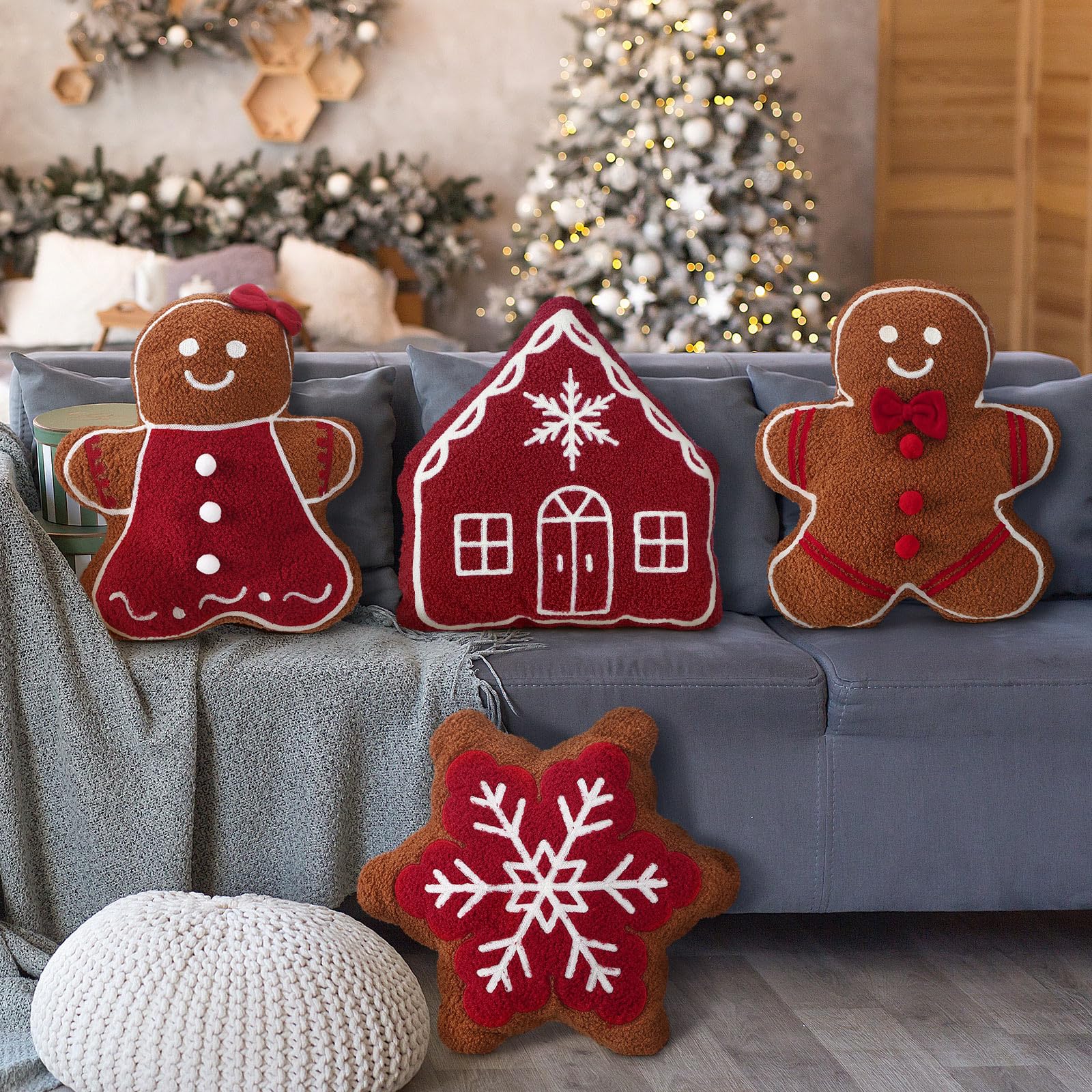 Photo 1 of **POSSIBLE PARTIAL SET*** HunnmingRe 4 Pcs Christmas Throw Pillows Plush Gingerbread Men Gingerbread House Snowflake Shaped Pillow for Christmas Winter Holiday Party Outdoor Bedroom Cushion Decoration(Red)