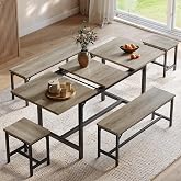 Tatub 5-Piece Extendable Dining Table Set for 4-8, 63" Kitchen Table Set | Morden Dining Room Table with 2 Benches and 2 Square Stools, Space-Saving Rectangle Table and Chair Set for Small Space