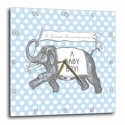 3dRose DPP_220177_3 Cute Elephant New Baby Boy Design Over Blue Polka Dots-Wall Clock, 15 by 15