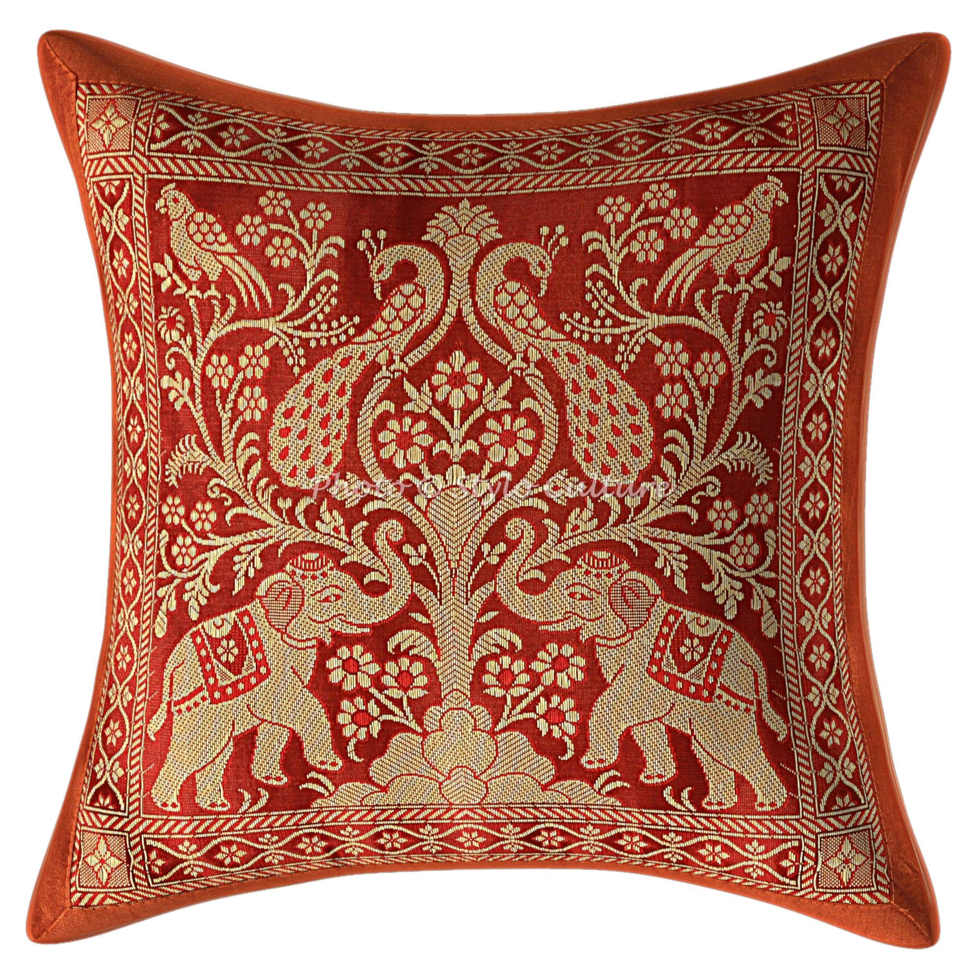Stylo Culture Indian Decorative Cushion Covers 12 x 12 Inches Home Decor Brown Banarsi Brocade Jacquard Brocade Bedroom Sofa Throw Pillow Cover Elephant Peacock 12x12 Pillow Case