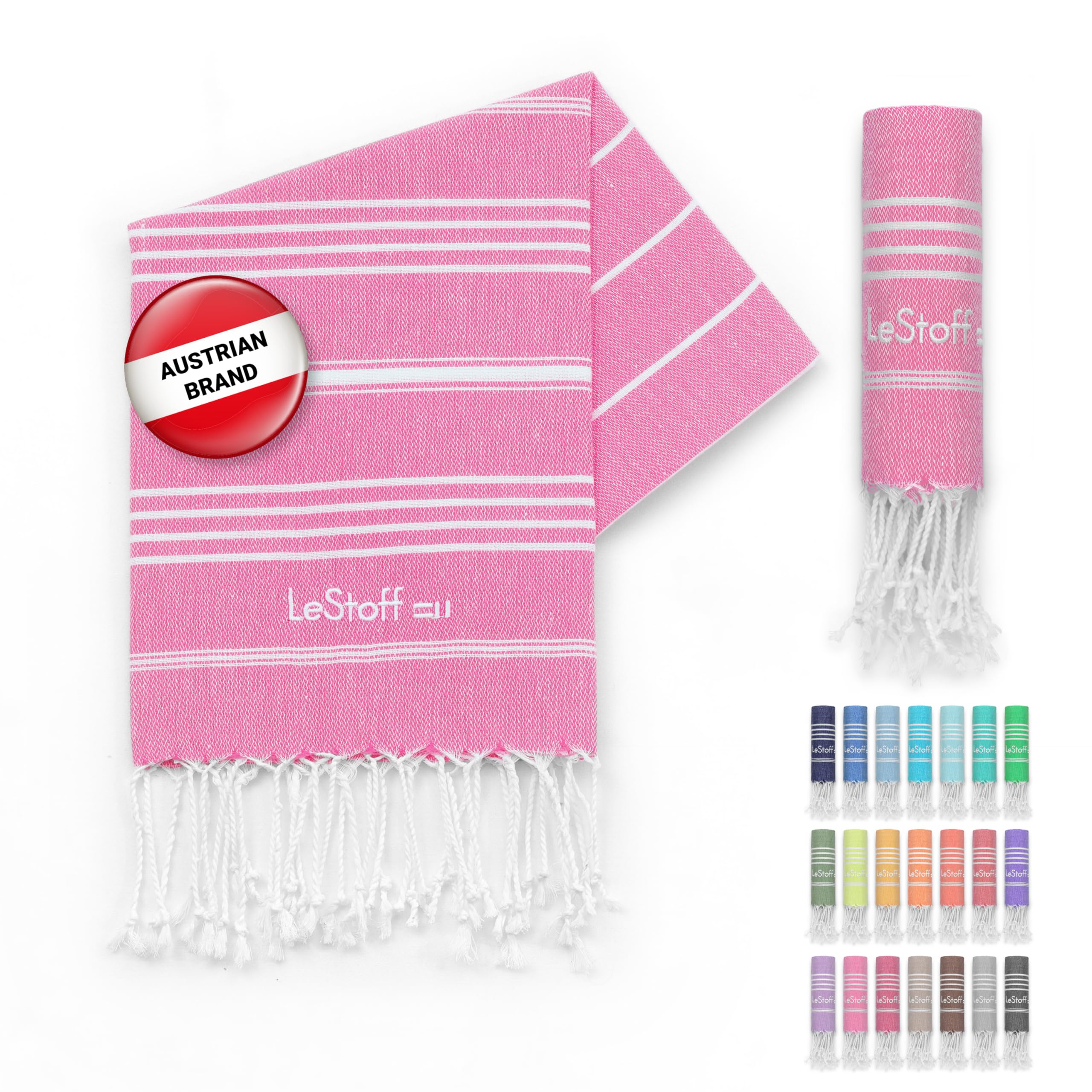 LeStoff Premium Hammam Towel - 100% Organic Cotton - Pre-washed Sustainable Absorbent & Quick-drying - Beach, Bath, Shower, Yoga, Spa & Travel Towel (50 x 100 cm, Pink)