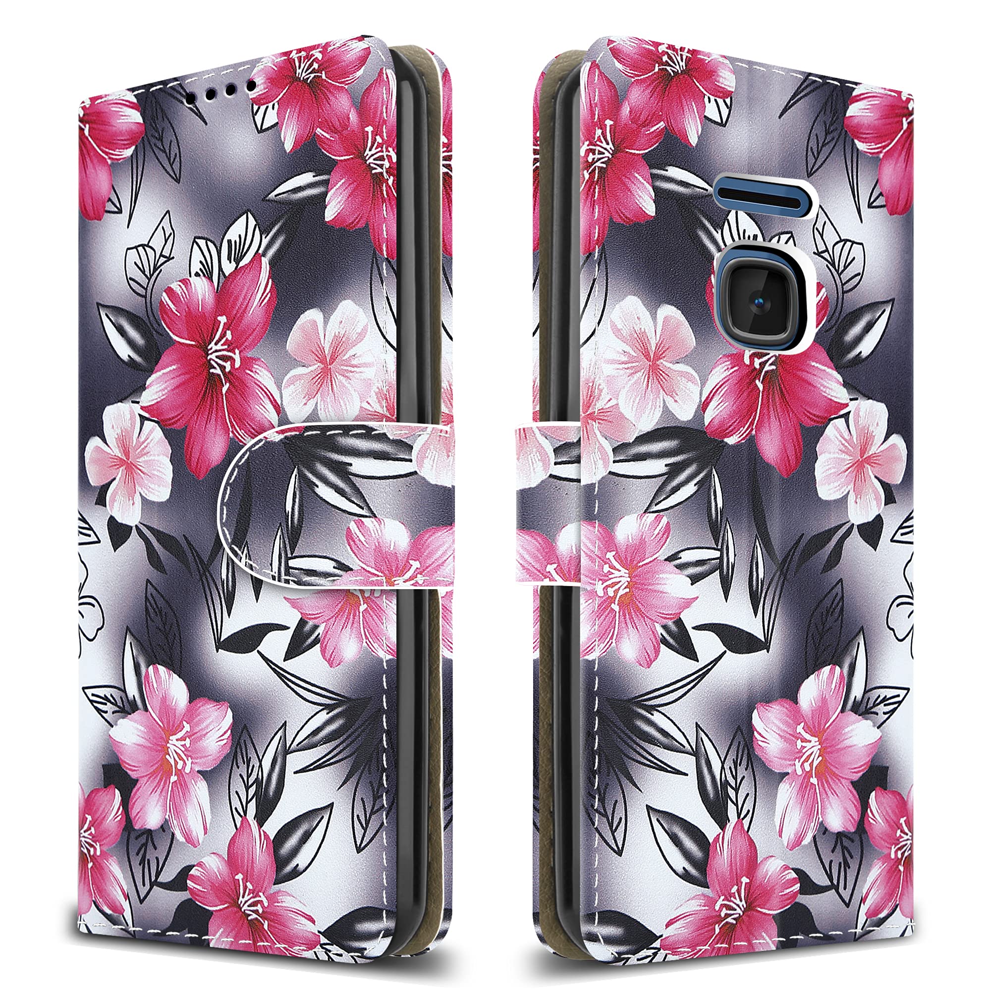 PIXFAB For Nokia 225 4G Leather Phone Case, Magnetic Closure Full Protection Book Folio Design, Wallet Case Cover [Card Slots] and [Kickstand] For Nokia 225 (4G) - Pink Flower