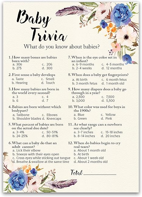 pic Baby Shower Trivia Game Questions And Answers boho baby shower game bohemian baby trivia baby shower game pack of 25 fun baby facts game boy baby shower game bohemian blue floral baby