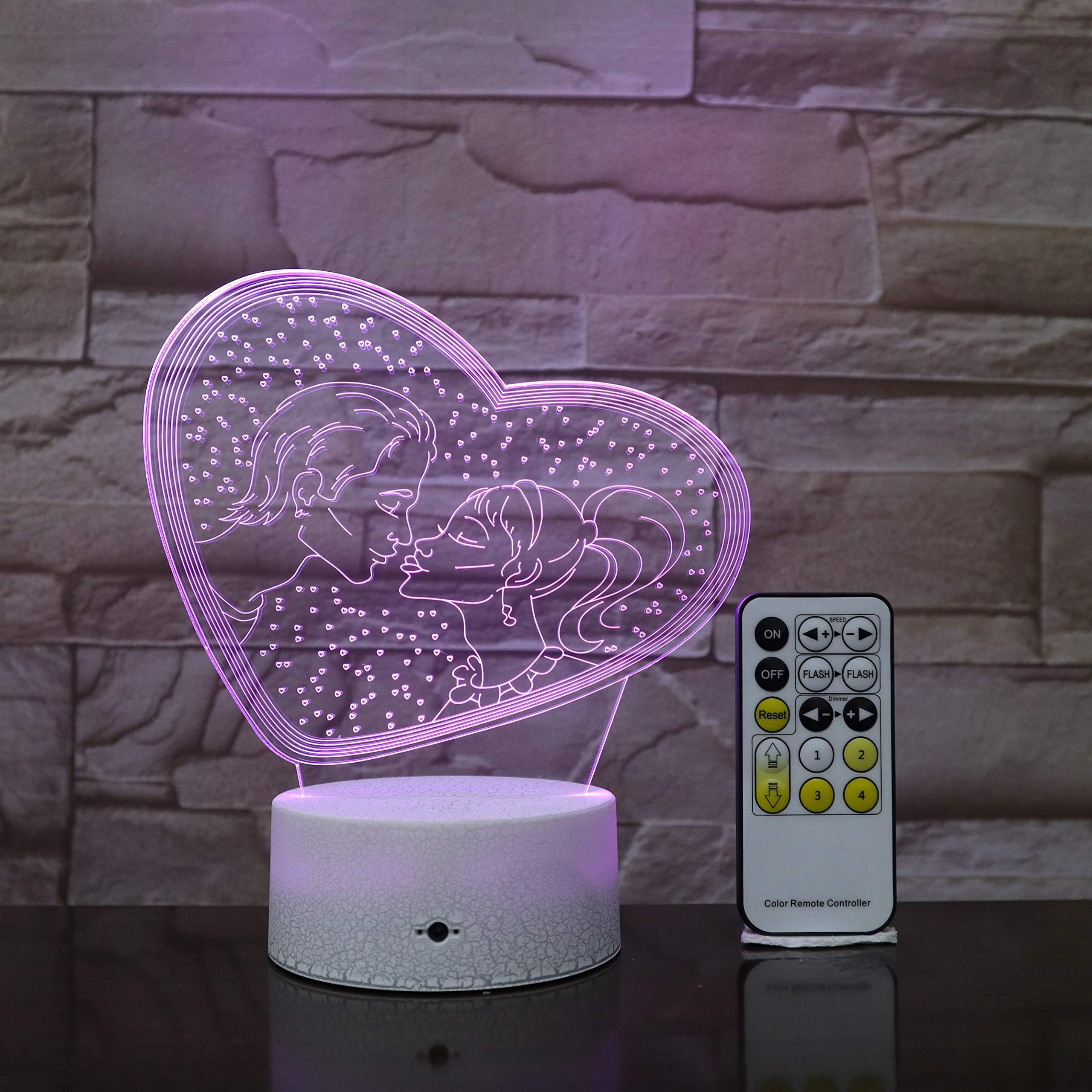Kissing Couple | 3D Optical Illusion Hologram Night Lamp | Led Lampeez for Mom/Lady/Girlfriend/Wife/Daughter/Ladies/Women | Premium Present Idea for Her | Remote/Extra Long Cord/USB Adapter Included