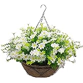 Lamsze Artificial Hanging Flowers with Basket,Fake Daisy Flowers in 12 inch Coconut Lining Hanging Baskets for The Decoration of Courtyard, Indoors, and Outdoors(White)