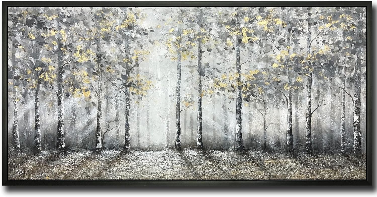 Paintings - V-inspire art, 24x48 Inch Modern Impressionist Tree art 100% Hand Painted Canvas Frame Wall art Oil Painting Large Paintings Black Framed Gray Wall Decoration Acrylic Paint Knife Painting