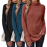 Ficerd 3 Pack Women's Turtleneck Long Sleeve Tunic Sweater Thumbhole, Ribbed Raglan Curved Hem Knit Shirts Loose Fall Winter