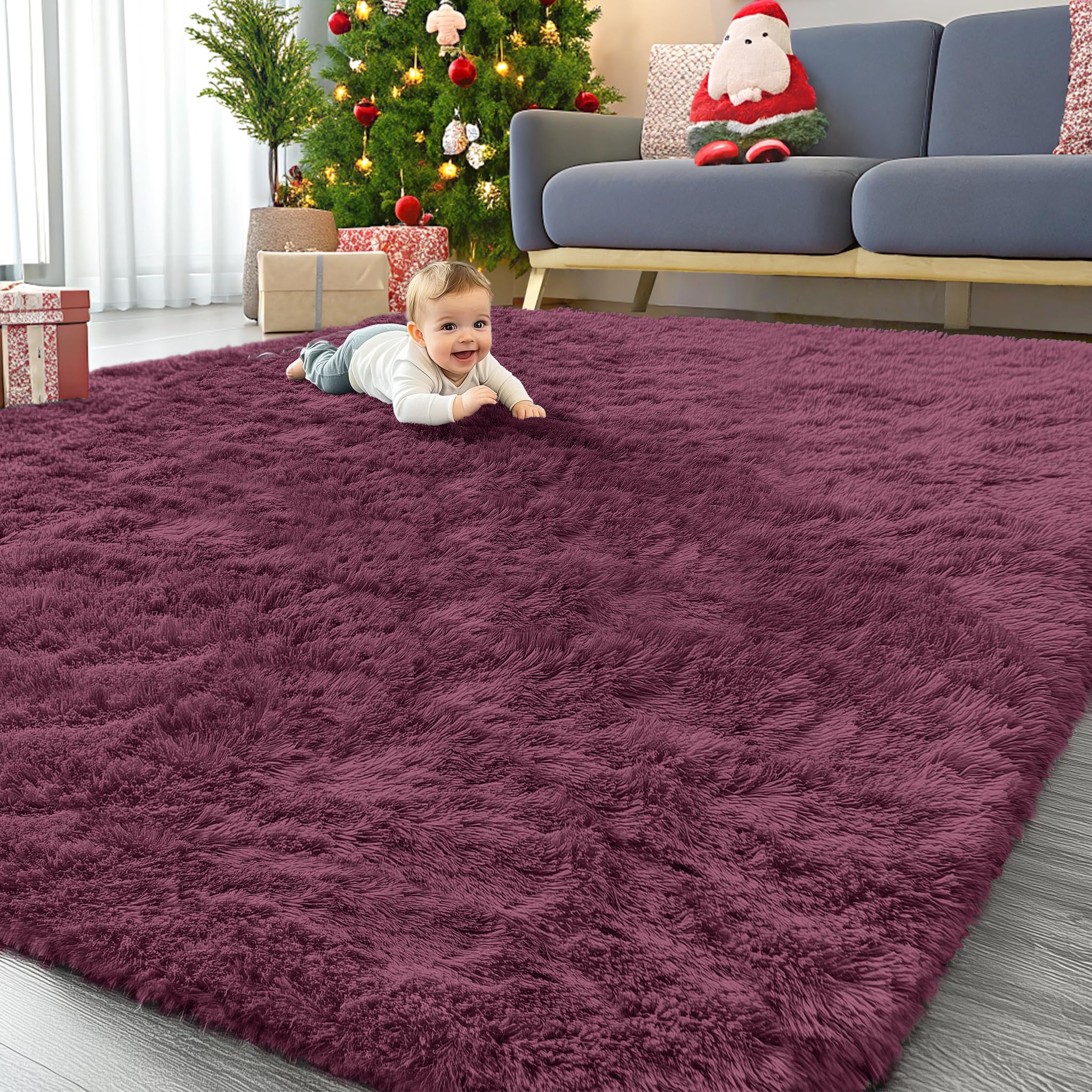 Photo 1 of OLANLY 9x12 Machine Washable Large Area Rugs for Living Room, Bedroom, Soft Fluffy Shaggy Bedside Rug, Indoor Floor Carpet for Kids Girls and Boys, Dorms, Nursery, Home Decor Aesthetic, Burgundy