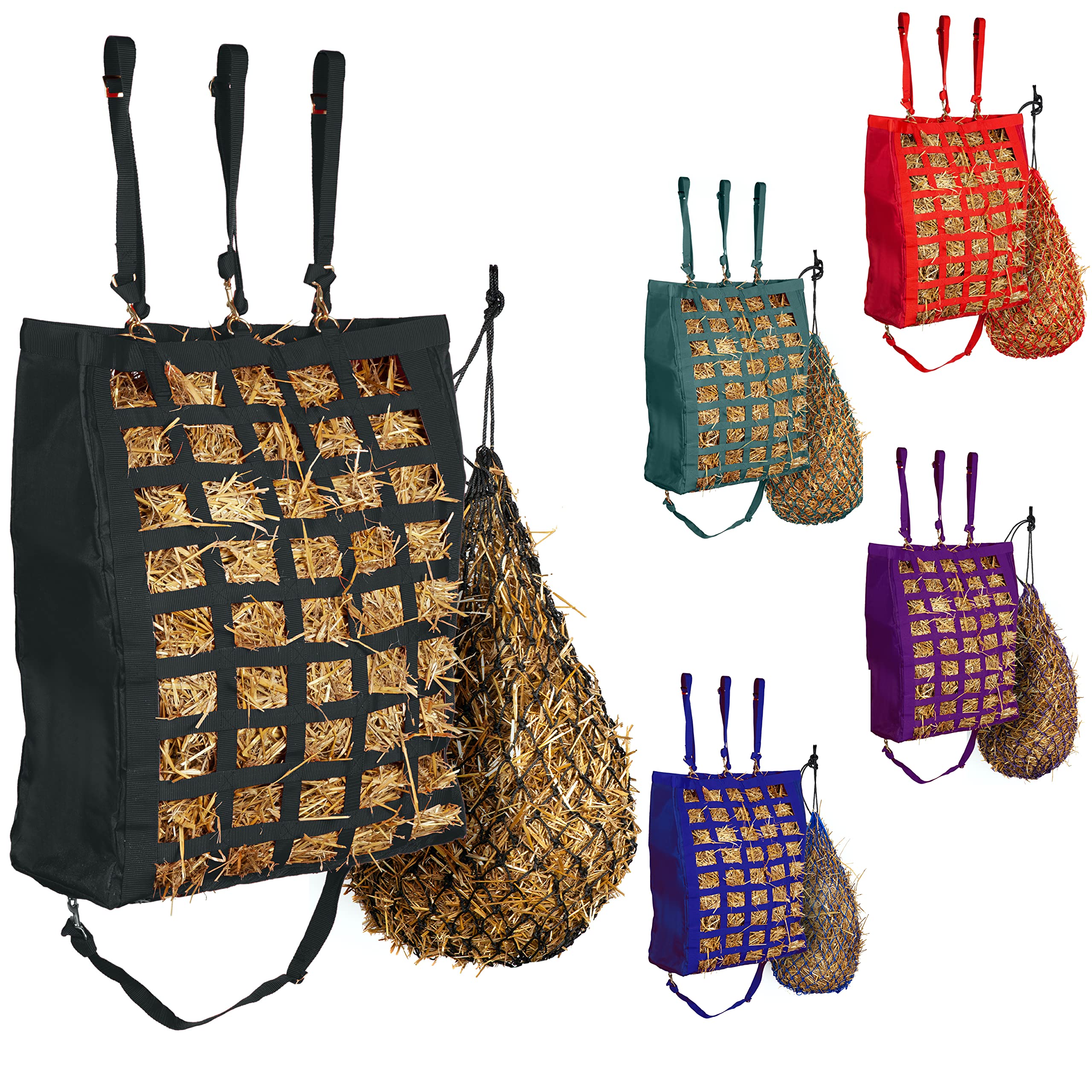 MAJESTIC ALLY Slow Feed Hay Bag and Hay Net Combo for Horses, Adjustable Travel Feeder for Trailer and Stall, Feeding Sack with Strap Support, Simulates Grazing, Reduces Waste (Black)