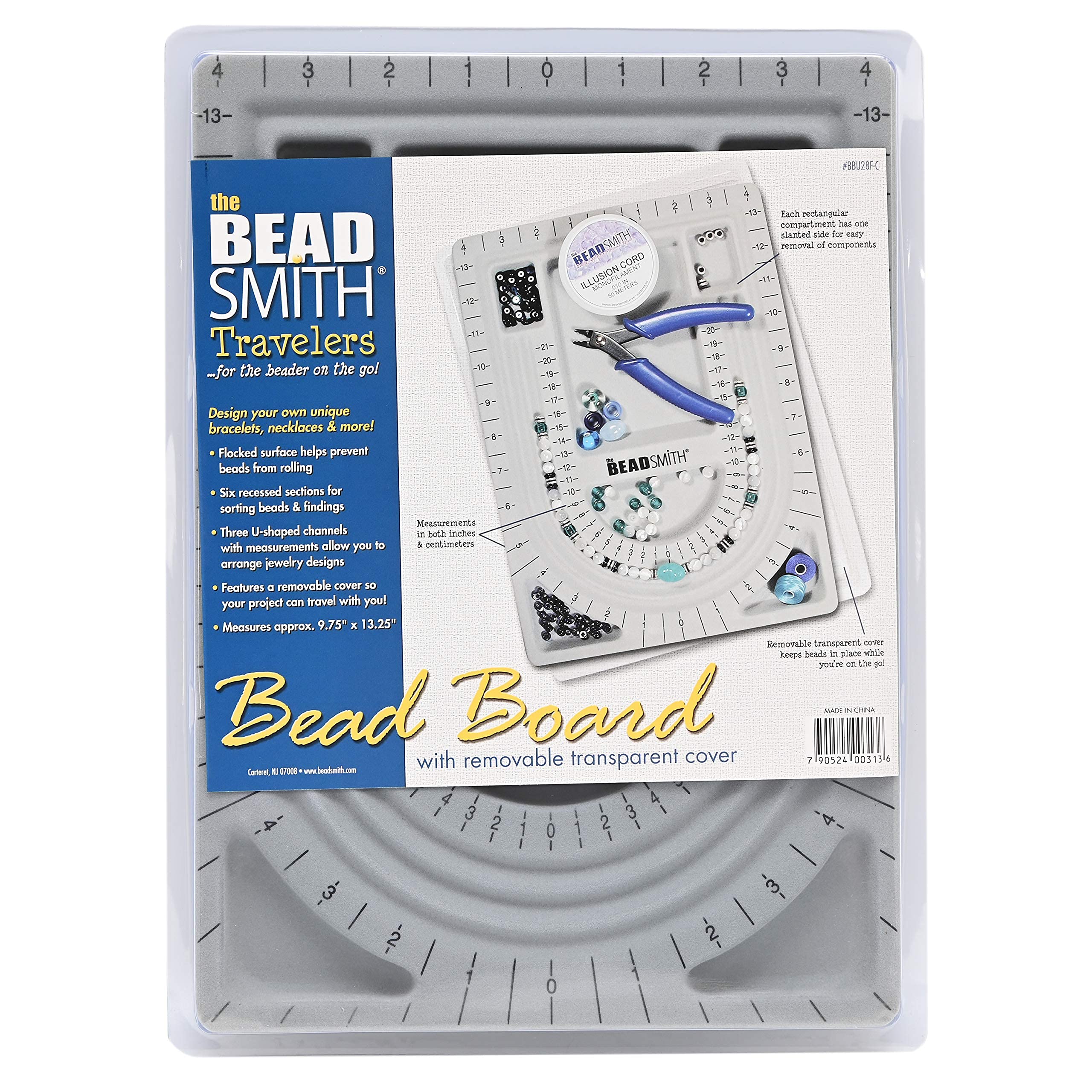 The Beadsmith Bead Board with Cover, Grey Flocked, 3 U-Shaped Channels, 6 Recessed Compartments,13.25H x 9.75L inches, Design Boards for Creating Bracelets, Necklaces and Other Jewelry