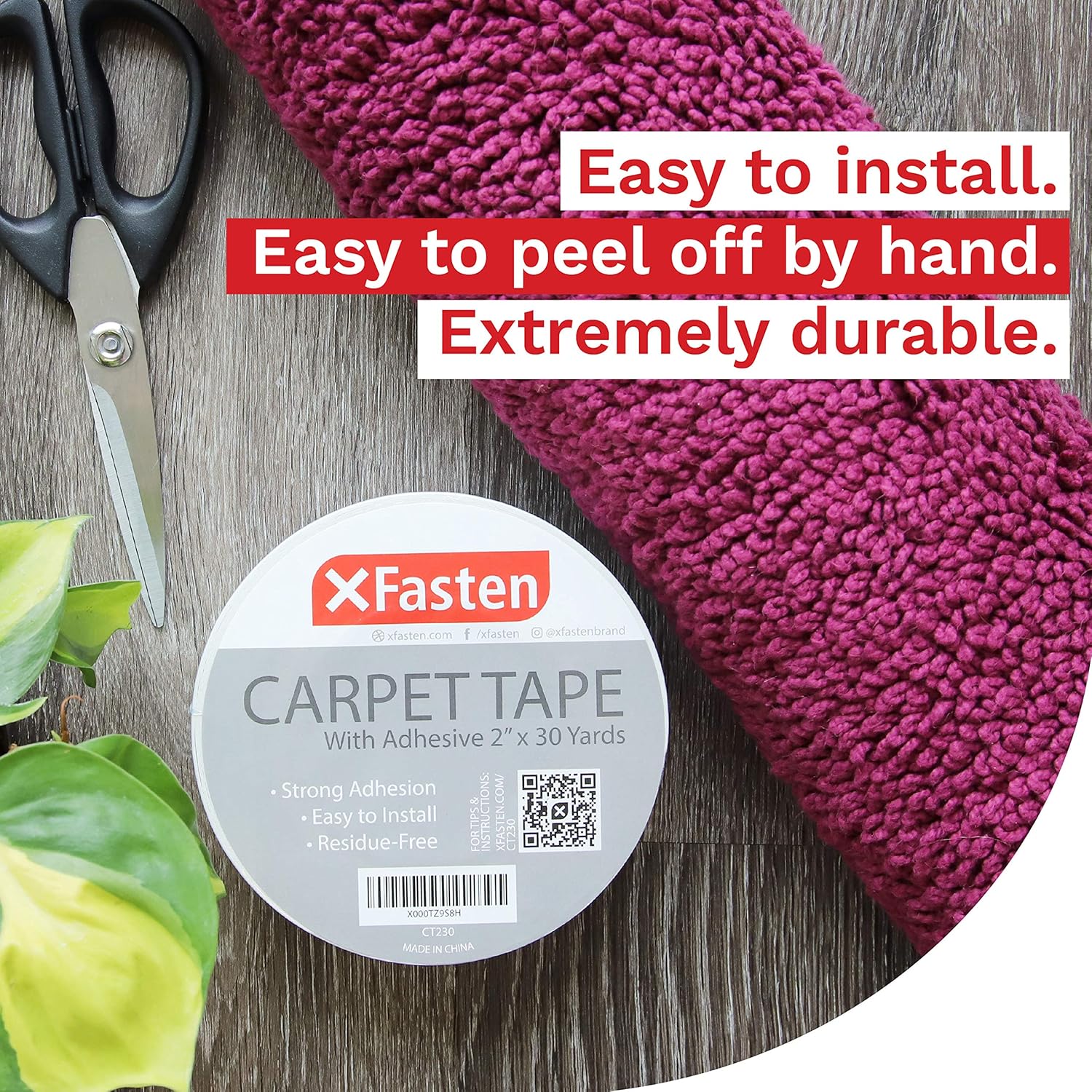 XFasten Double Sided Carpet Tape for Area Rugs, Residue-Free, 2-Inch x 30 Yards; Wood Safe 2 Faced Rug Tape for Carpet to Floor and Rug to Carpet Applications - - 