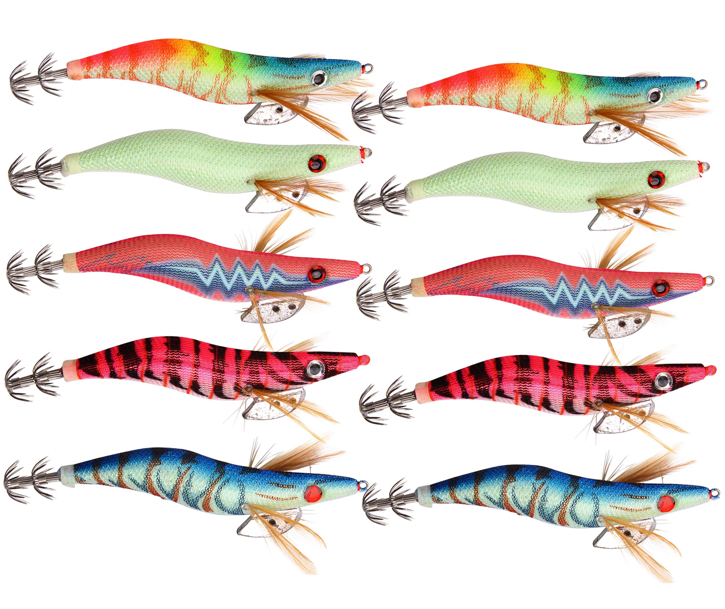 Squid Jigs Shrimp Fishing Lures Kits Squid jig Hooks Wood Shrimp Artificial Spinner Lures Kit with Luminous Prawn Tail Glow in Dark for Cuttlefish Octopus Squid Fishing (2.5#-10PCS)