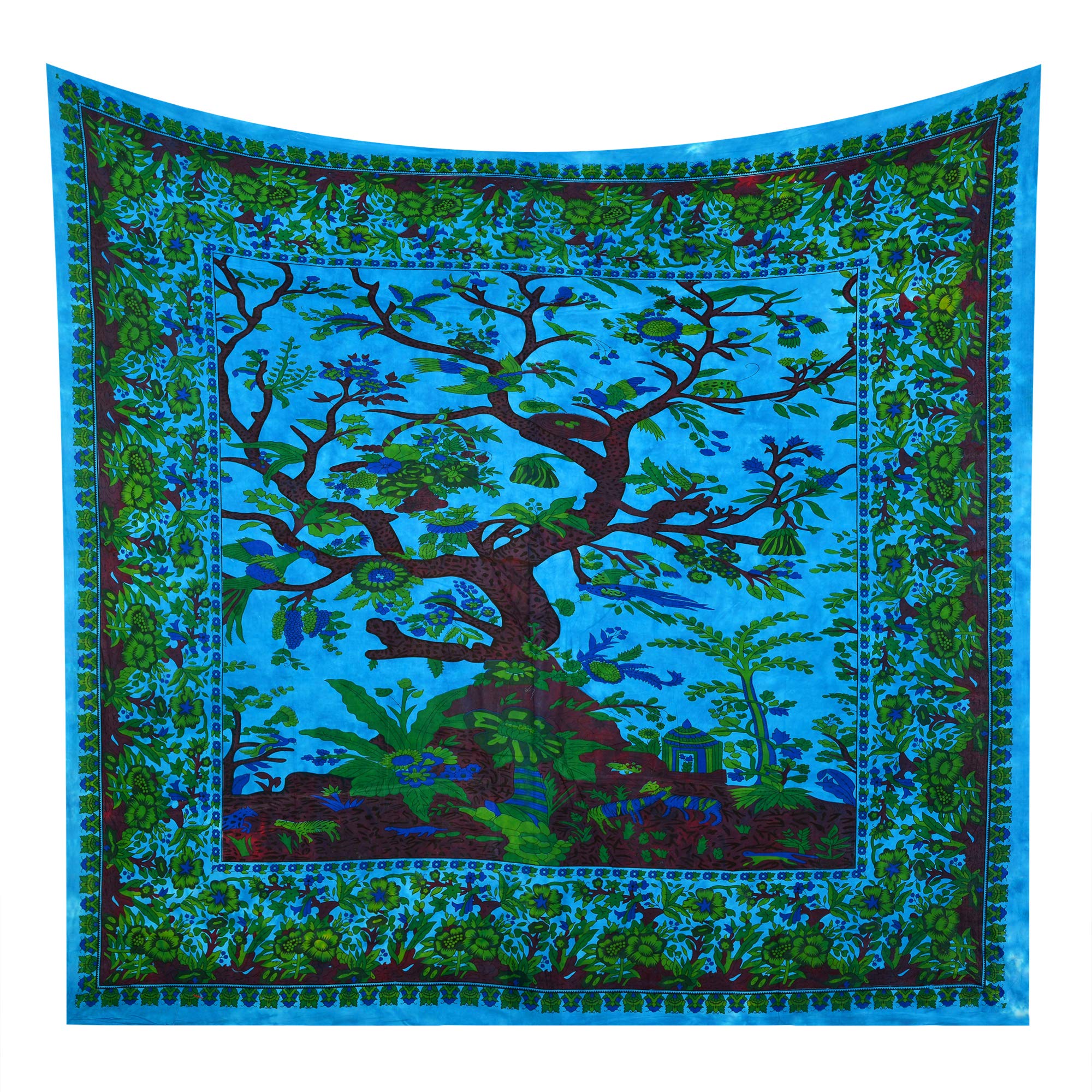 Future Handmade Queen Size Birds And Animals Turquoise Tree Tapestry Indian Tapestry Wall Hanging Hippie Beach Blanket Tapestry 100% Cotton Home Bed Sheet Bohemian Tapestry (Design Q3)