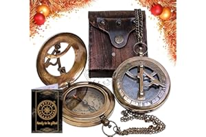 Hanzla Collection Brass Sundial Compass with Leather Case and Chain - Push Open Compass - Steampunk Accessory - Beautiful Handmade Gift - Nautical Sun Clock