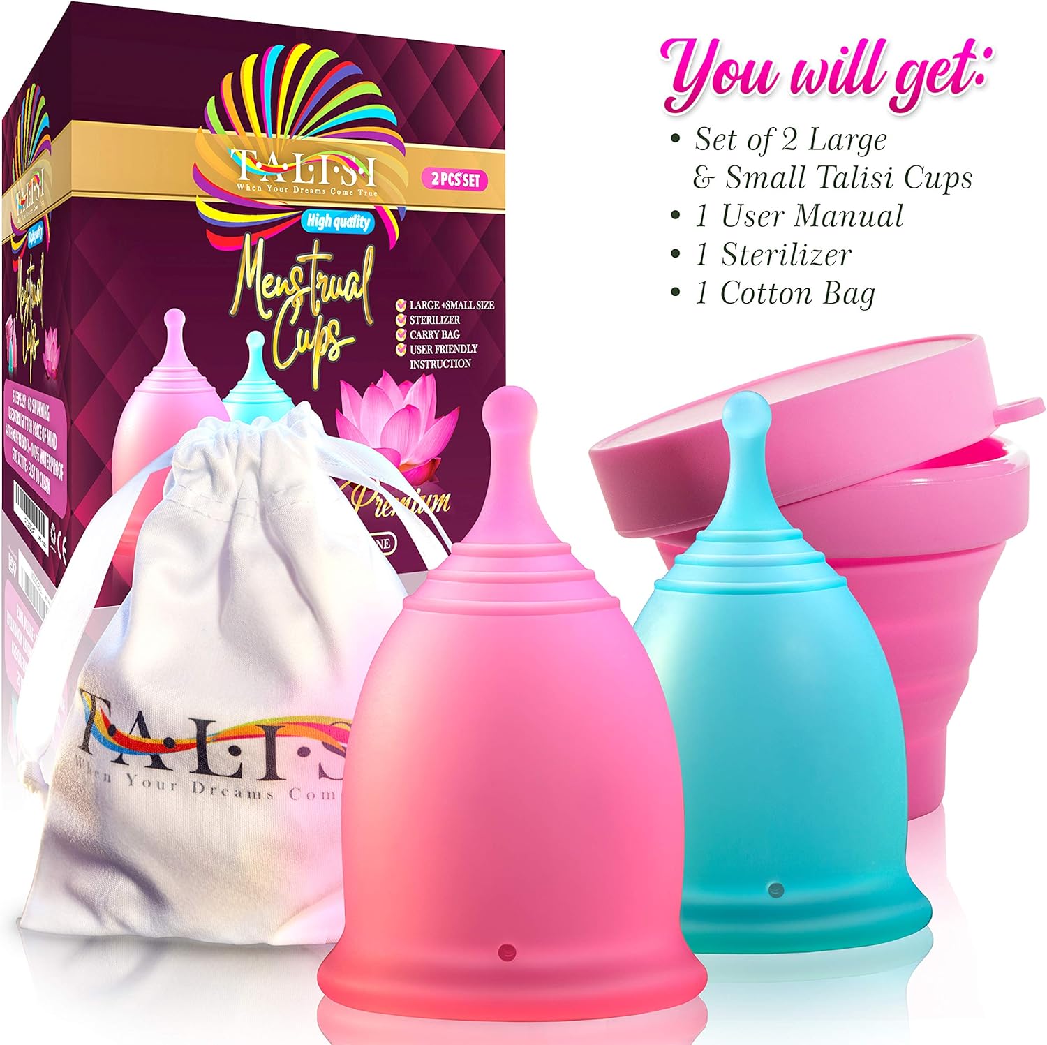 Talisi Reusable Feminine Menstrual Cups – Set of 2 Menstruation Period Cups for Women with Collapsible Sterilization Cup and Carry Bag - Alternative to Tampons and Pads - Regular and Heavy Flow: Health & Personal Care
