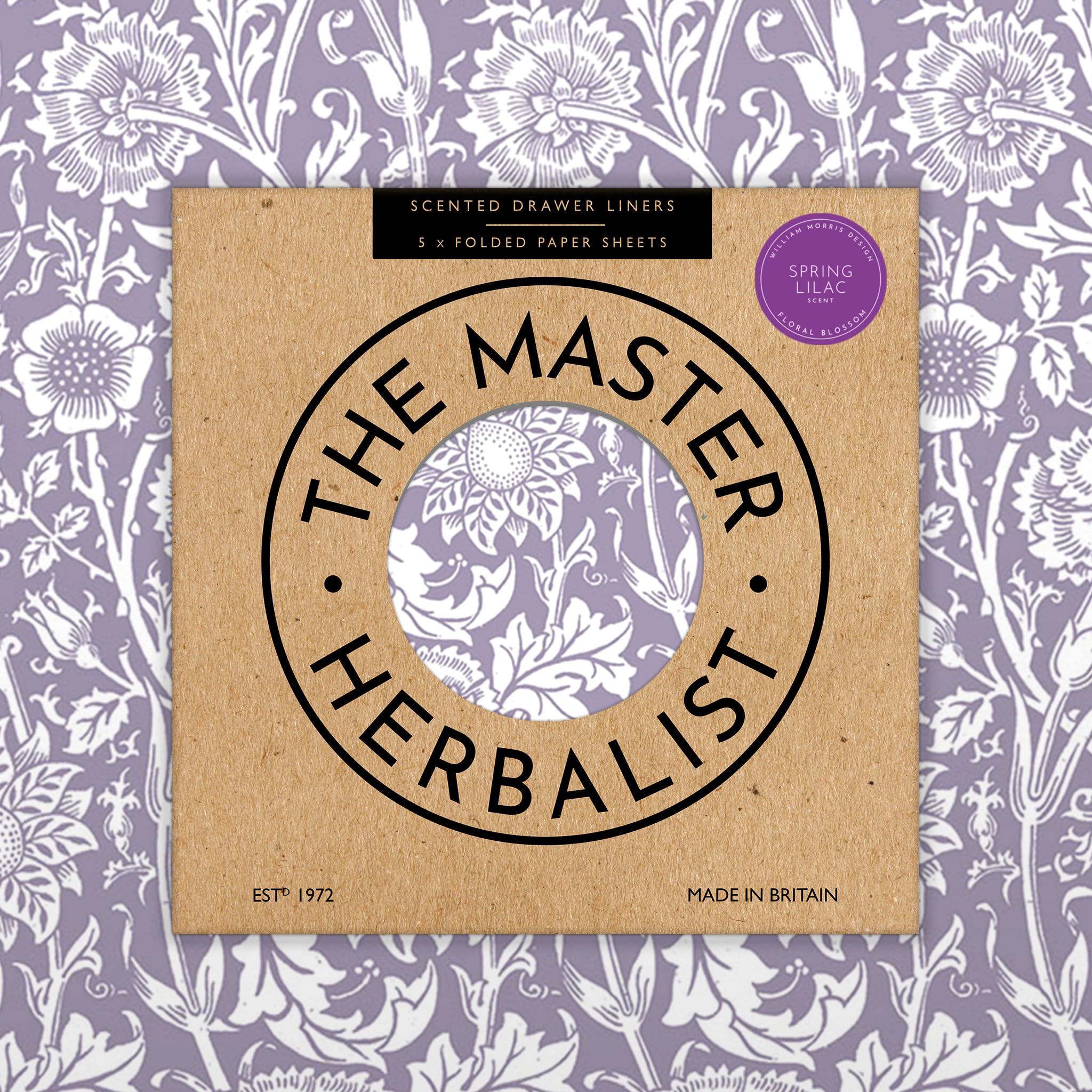 Lilac Scented Drawer Liners in a Purple William Morris Design | Gift Pack of 5 Large Folded Sheets (60 x 42cm) | Contains Essential Oils | Made in UK by The Master Herbalist