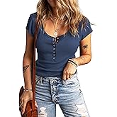 HERILIOS Women's Short Sleeves Snap Button Down Blouses Stretchy Waffle Knit Basic Crew Neck Henley Shirts