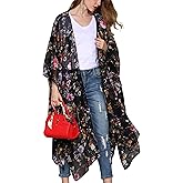 Hibluco Women's Long Floral Kimono Printed Cardigan Sheer Swimsuit Cover Ups