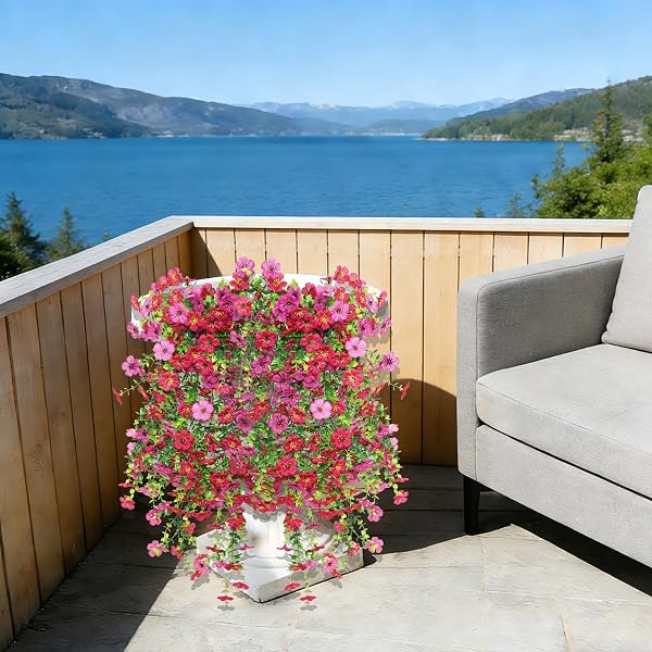 SENJIE 4 PCS ARTIFICIAL HANGING FLOWERS FOR OUTDOOR SPRING DECOR, UV RESISTANT FAKE SILK FAUX FLOWERS PLANTS FOR OUTSIDE PORCH PATIO BALCONY PLANTERS