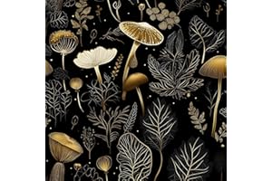 Laatse Boho Wallpaper Peel and Stick Dark Floral Contact Paper 17.5" x 393" Vinyl Self Adhesive Vintage Mushrooms Wall Mural Leaf Wall Paper for Room Countertop Drawer Decor(Golden,Black)