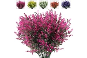 RECUTMS 8 Bundles Artificial Flowers Fake Outdoor Plants Faux Lavender Flower Plastic Shrubs Faux Flowers Fake Ferns Winter Artificial Fowers for Outdoors Indoor Outside Hanging Decorations (Fuchsia)