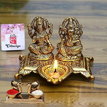 CHHARIYA CRAFTS Metal Laxmi Ganesh Idol with Diya and Kumkum Box Kissing Duck for Pooja Home and Office Combo Offer for Diwali Gift (Diwali Offer, Standard)