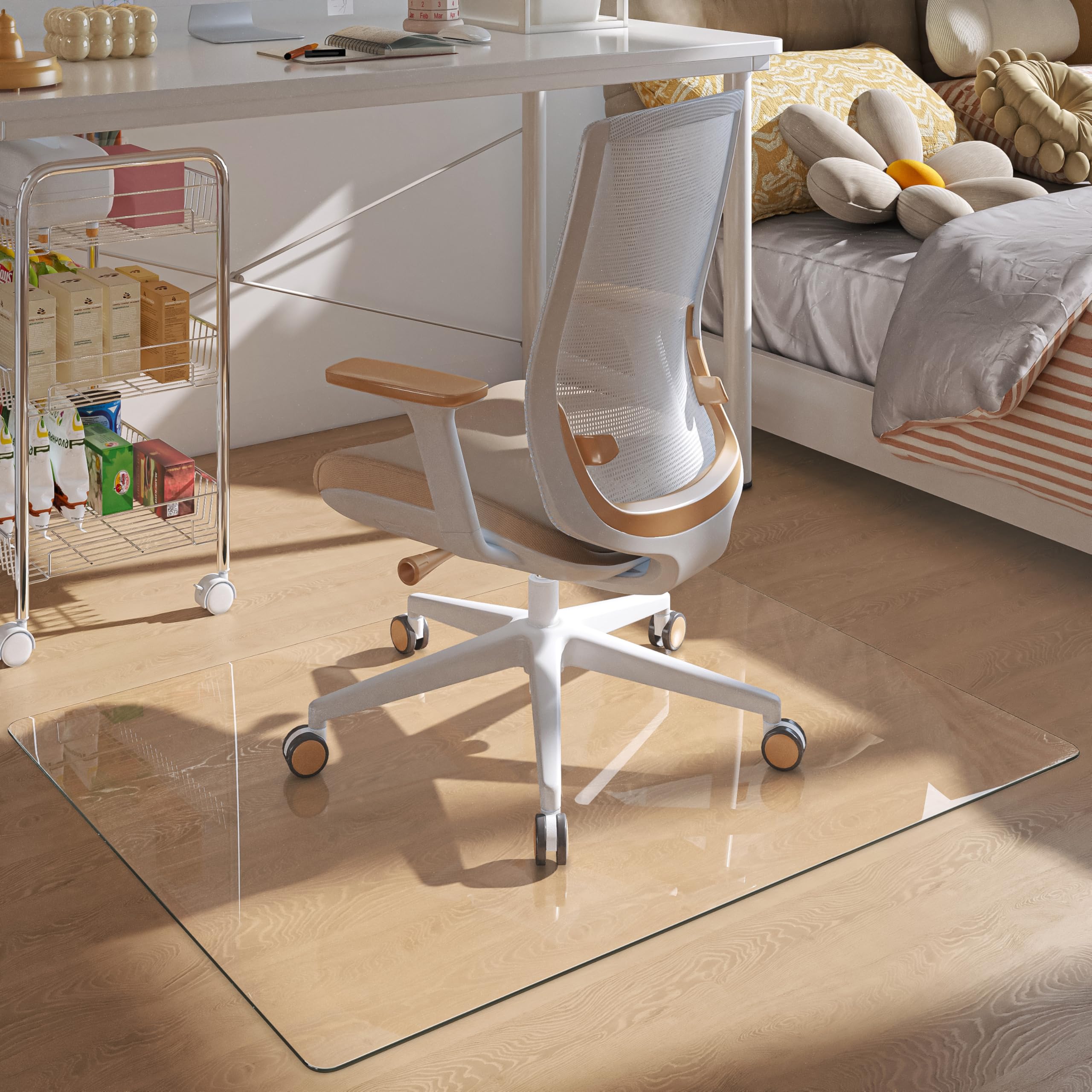 Photo 1 of [Tempered Glass] 46“x36” Rounded Glass Chair Mat with Polished Edge Clear Office Chair Mat, Glides Smoothly, Suitable for Carpet or Hardwood Floors