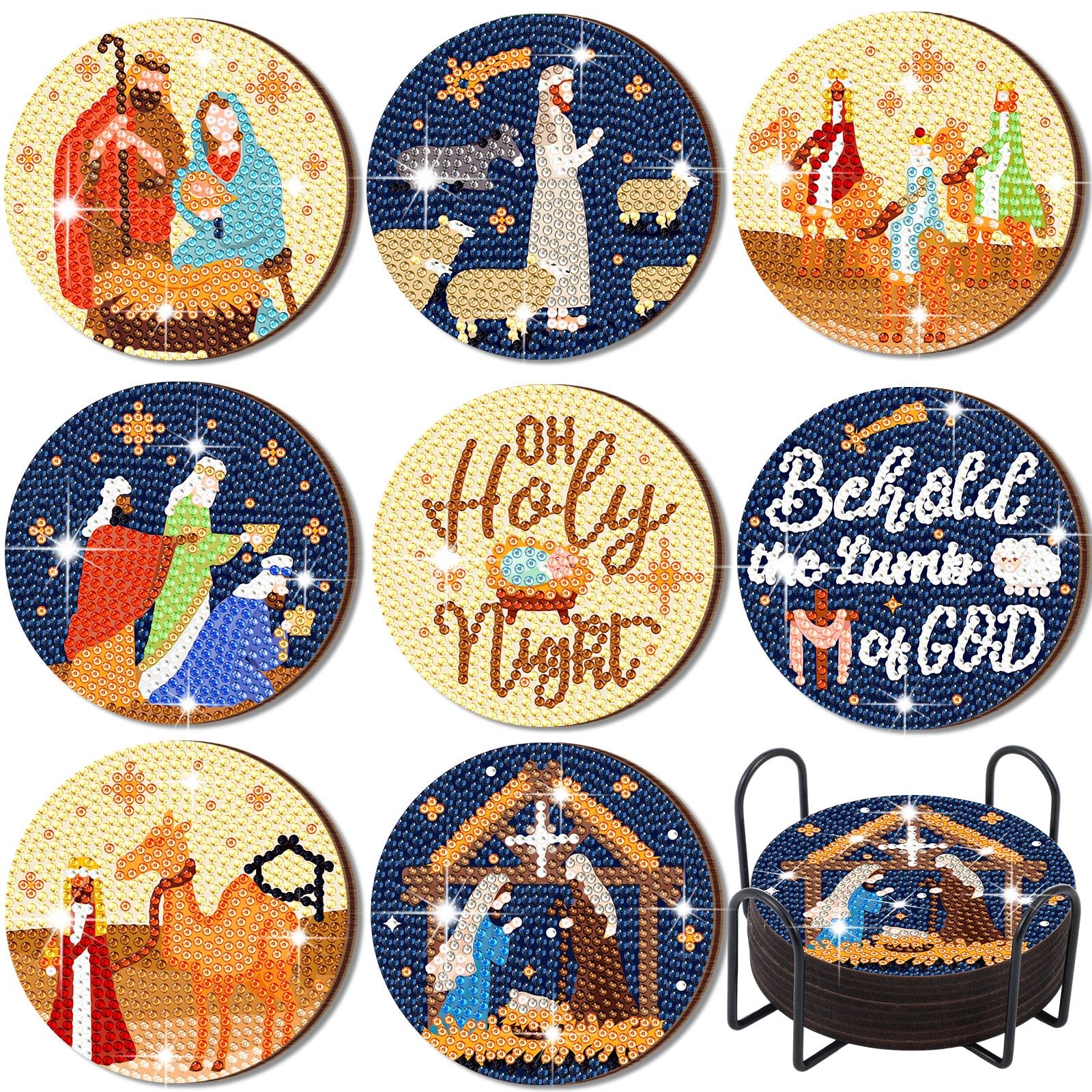 Photo 1 of Perthlin 8 Pcs Christmas Diamond Art Coasters Christmas Tree Candy Gnome Painting Coasters with Holder Painting Kit Green White Diamond Kits(Jesus)