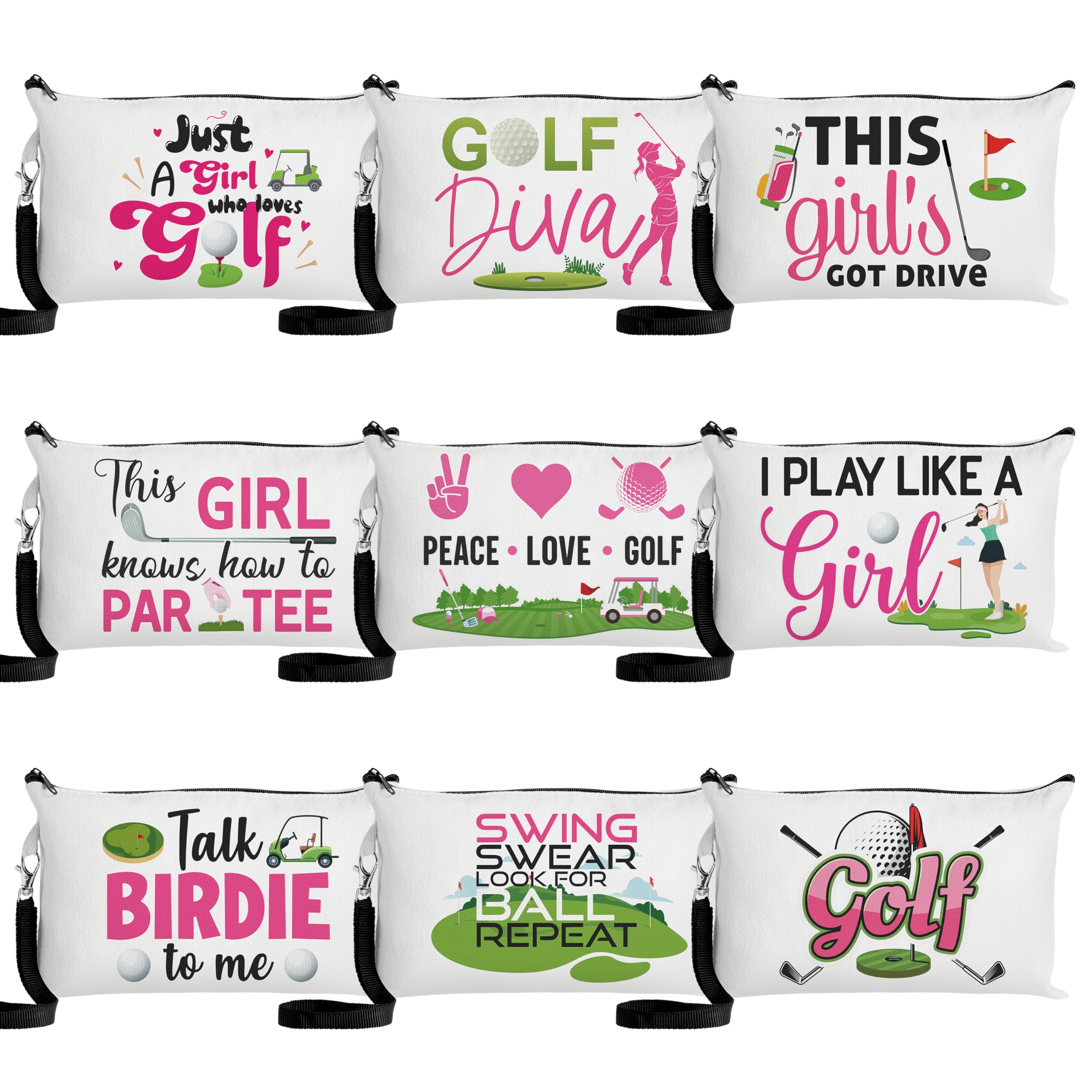 R Horse 9PCS Ladies Golf Cosmetic Bags - Golfing Survival Kit - Canvas Toiletry Makeup Pouch Organizer - Pink - Women Golfer Travelers