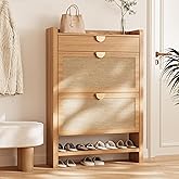 INNOD Rattan Shoe Storage Cabinet, Shoe Organizer with 2 Flip Drawers, Narrow Shoe Cabinet, Free Standing Hidden Shoe Storage, Shoe Rack for Entryway/Hallway/Closet, Natural Oak