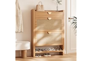 INNOD Rattan Shoe Storage Cabinet, Shoe Organizer with 2 Flip Drawers, Narrow Shoe Cabinet, Free Standing Hidden Shoe Storage, Shoe Rack for Entryway/Hallway/Closet, Natural Oak