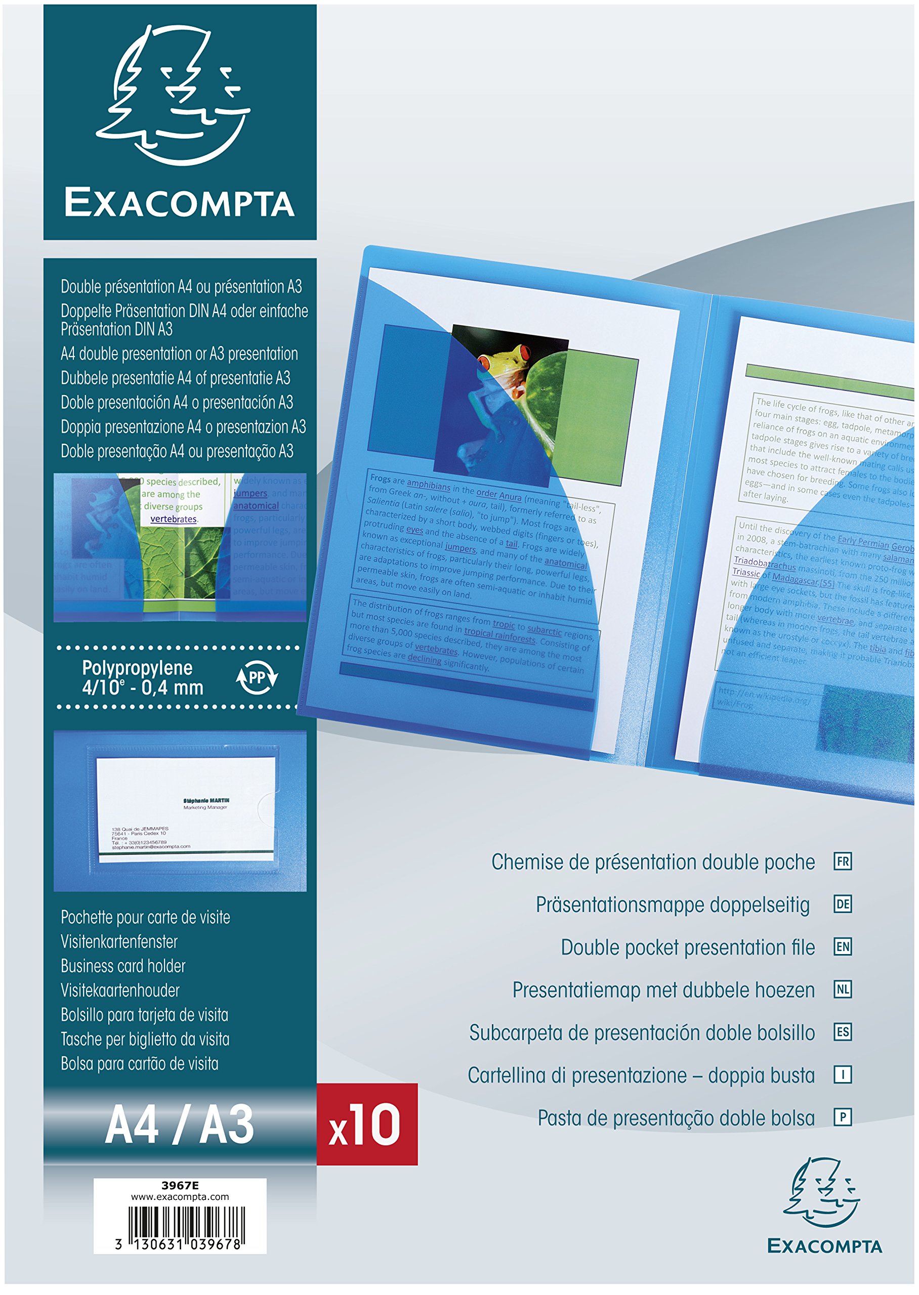Exacompta - Ref 3967E - Double Pocket Presentation Folder - 230 x 320mm in Size, Suitable for A4 or Folded A3 Documents, Business Card Holder - Clear Cover (Pack of 10)