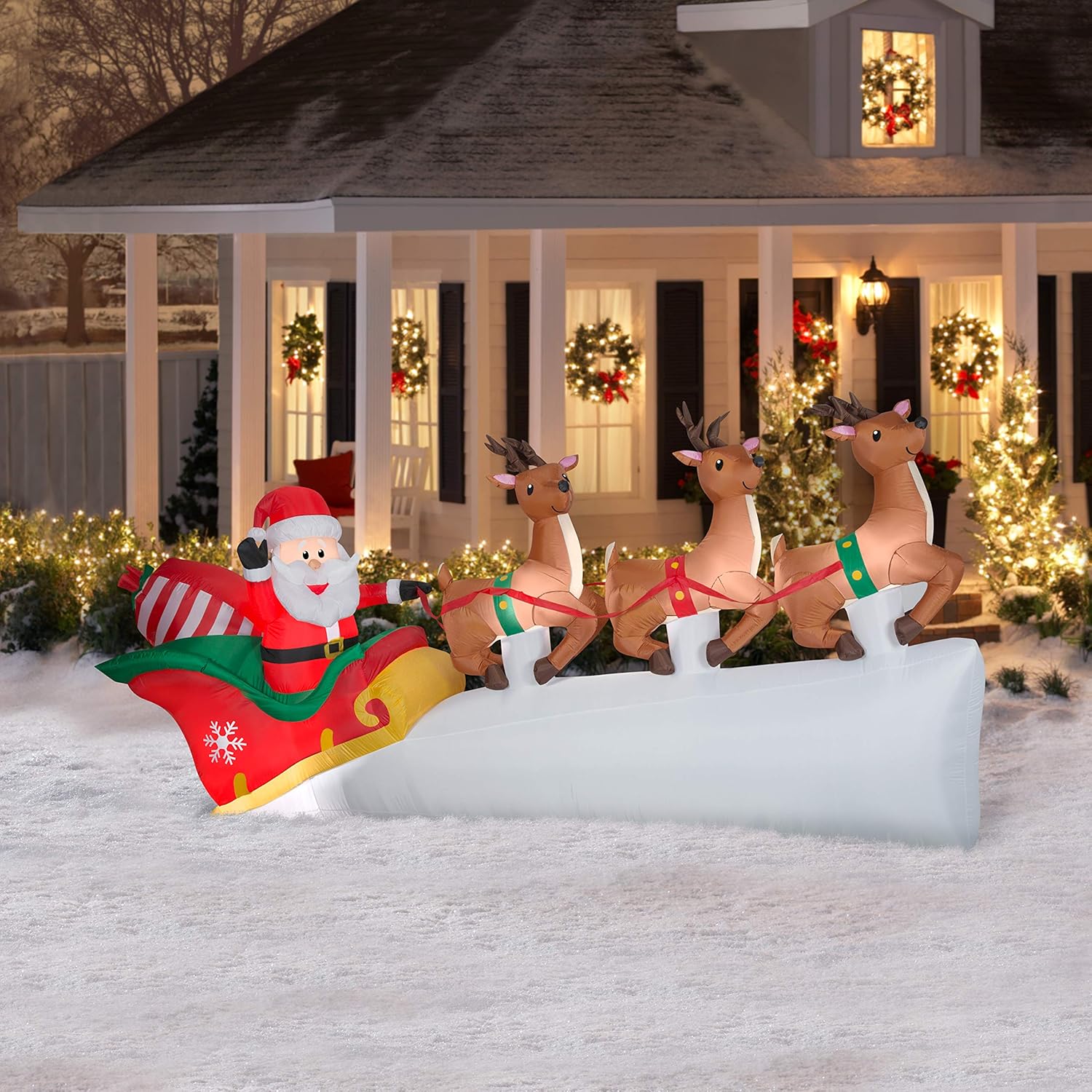 Amazon.com: Gemmy Christmas Santas Sleigh with Flying Reindeer