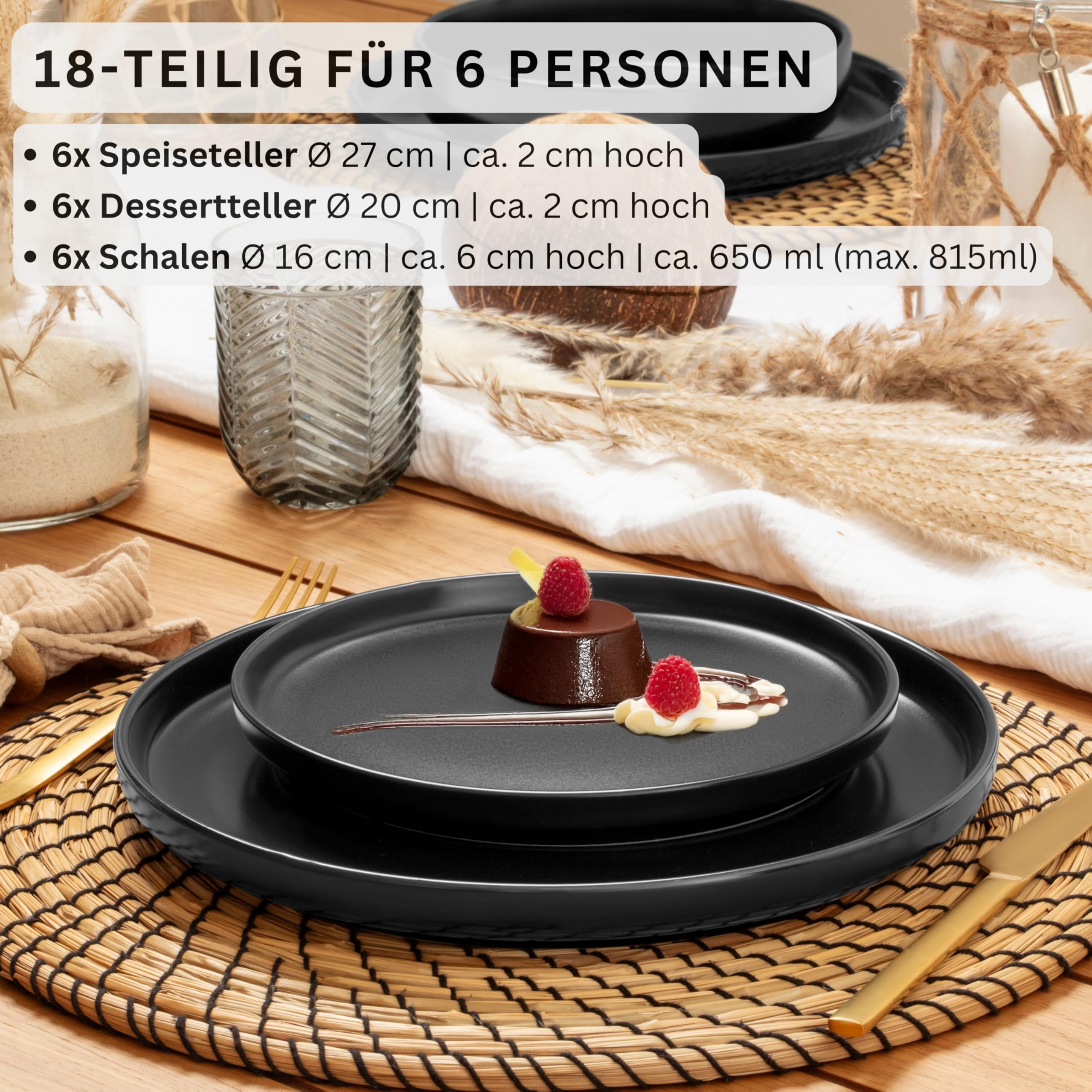 SÄNGER Madeira | Steingut Geschirr Set 18 tlg, Teller Set 6 Personen, Geschirrset 6x Speiseteller 6x Müslischalen 6x Dessertteller, Tafelservice schwarz kratzfest, Essgeschirr matt | VALUE COLLECTION 2